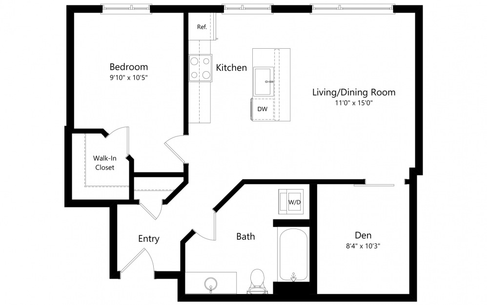 1 Bedroom + Den A - 1 bedroom floorplan layout with 1 bath and 797 square feet. (2D)