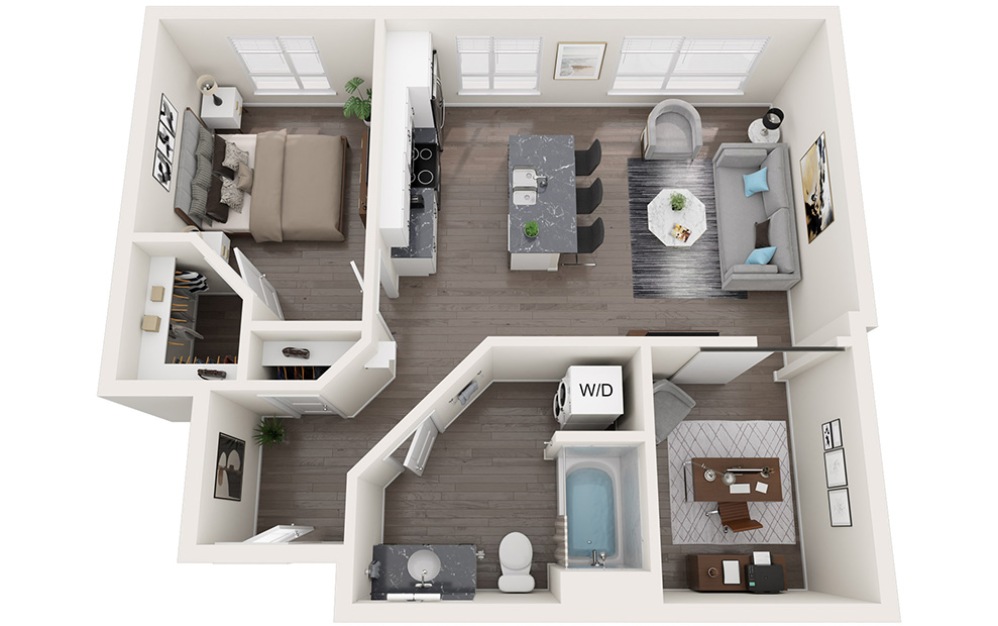 1 Bedroom + Den A - 1 bedroom floorplan layout with 1 bathroom and 797 square feet (3D)