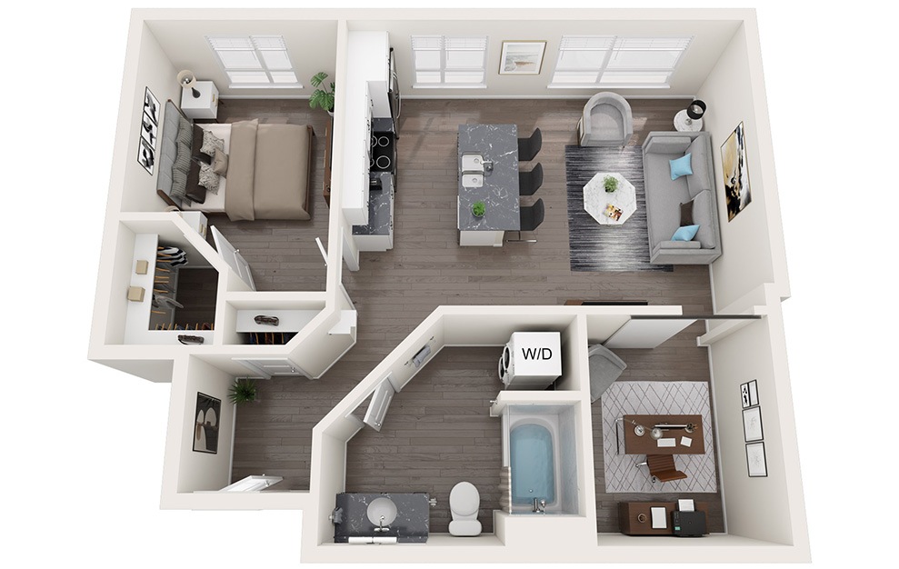 1 Bedroom + Den A - 1 bedroom floorplan layout with 1 bath and 797 square feet. (3D)