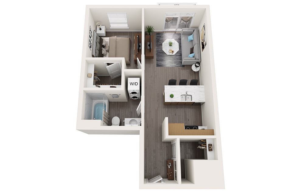 1 Bedroom A - 1 bedroom floorplan layout with 1 bath and 630 to 632 square feet. (3D)