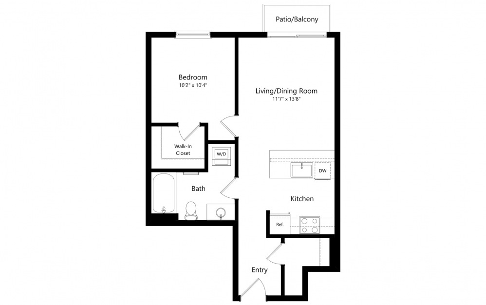 1 Bedroom A - 1 bedroom floorplan layout with 1 bath and 630 to 632 square feet. (2D)