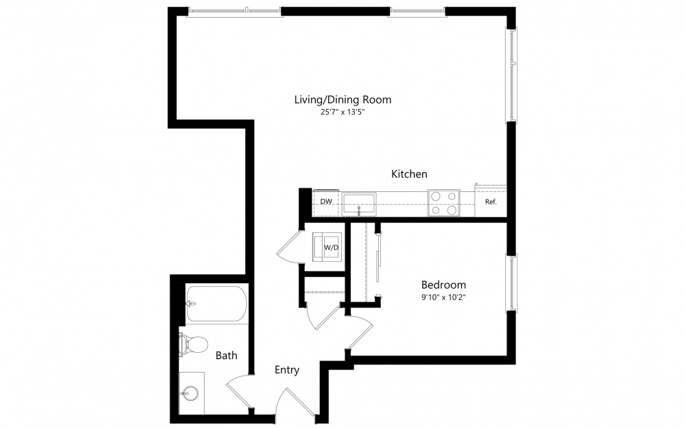 1 Bedroom B - 1 bedroom floorplan layout with 1 bath and 716 to 725 square feet. (2D)