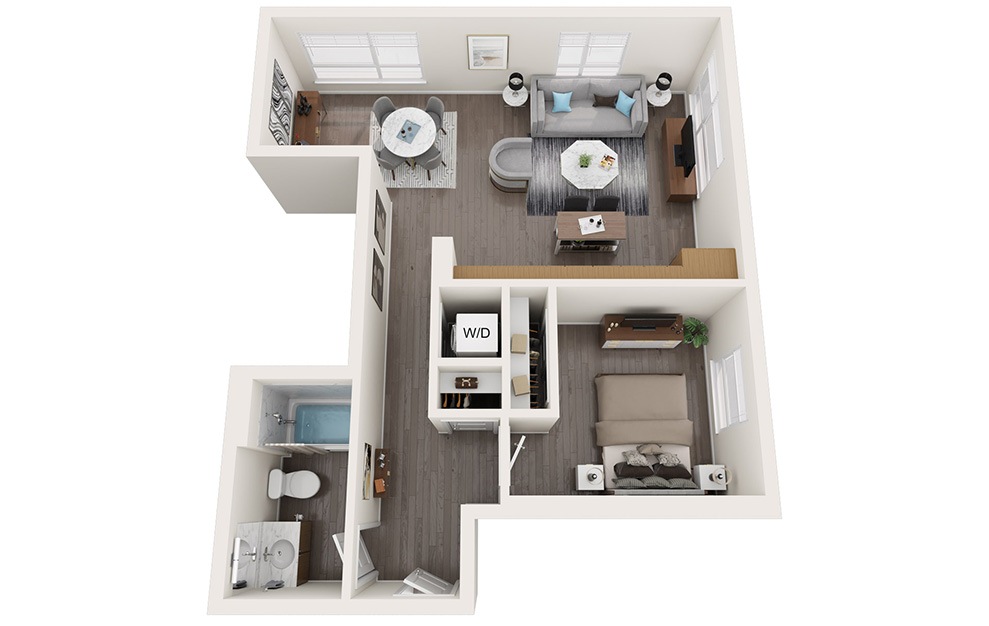 1 Bedroom B - 1 bedroom floorplan layout with 1 bath and 716 to 725 square feet. (3D)