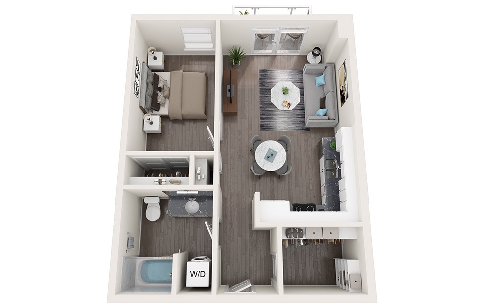 1 Bedroom C - 1 bedroom floorplan layout with 1 bath and 633 to 714 square feet. (3D)