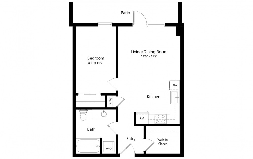 1 Bedroom C - 1 bedroom floorplan layout with 1 bath and 633 to 714 square feet. (2D)