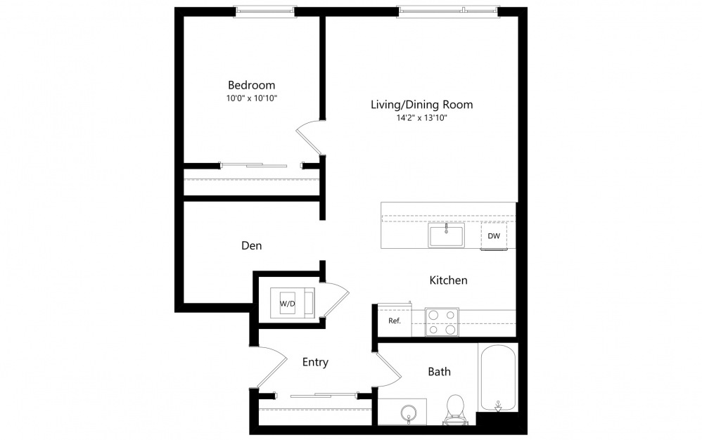 1 Bedroom + Den B - 1 bedroom floorplan layout with 1 bath and 748 square feet. (2D)