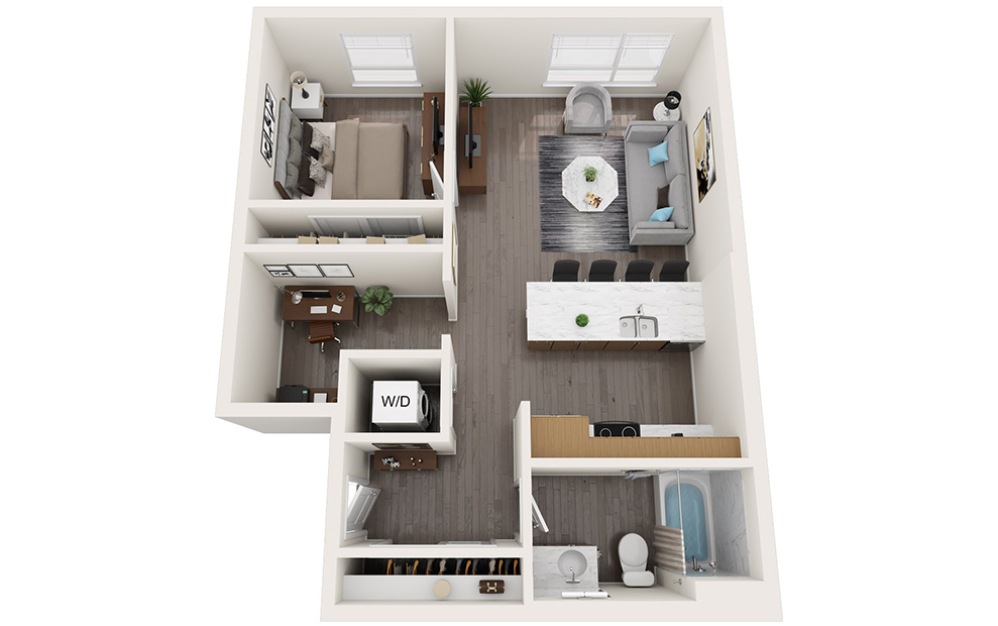 1 Bedroom + Den B - 1 bedroom floorplan layout with 1 bathroom and 748 square feet (3D)