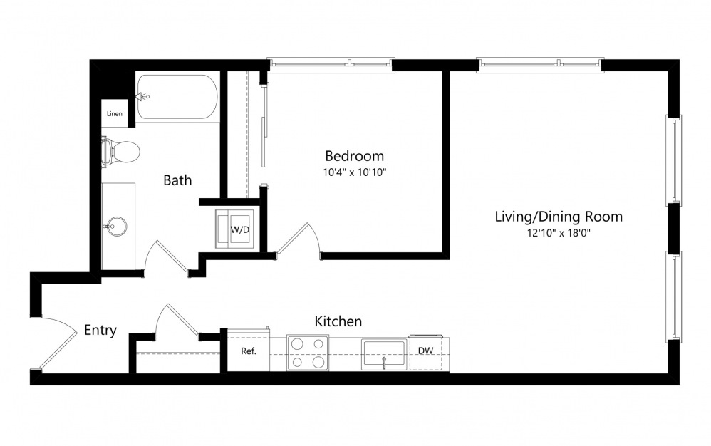 1 Bedroom ARCH - 1 bedroom floorplan layout with 1 bathroom and 670 square feet (2D)