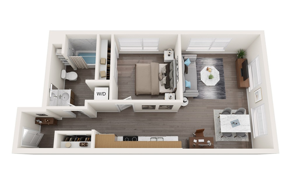 1 Bedroom ARCH - 1 bedroom floorplan layout with 1 bathroom and 670 square feet (3D)