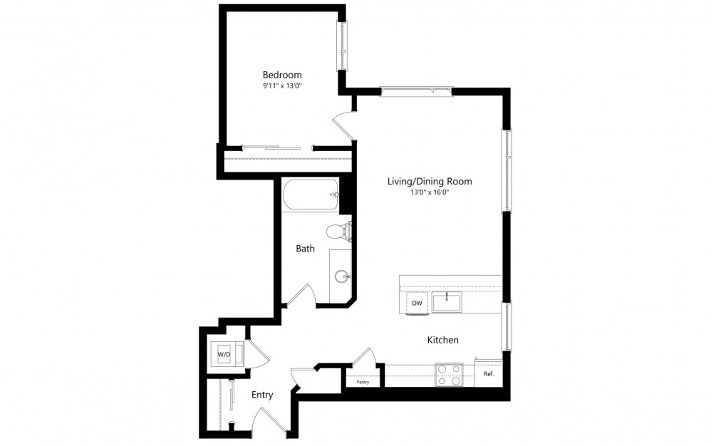 1 Bedroom E - 1 bedroom floorplan layout with 1 bath and 766 to 769 square feet. (2D)