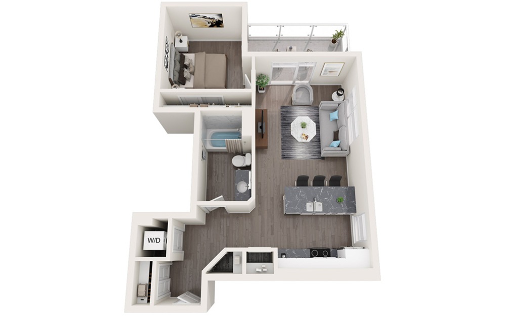 1 Bedroom E - 1 bedroom floorplan layout with 1 bathroom and 766 - 769 square feet (3D)