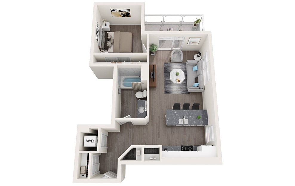 1 Bedroom E - 1 bedroom floorplan layout with 1 bath and 766 to 769 square feet. (3D)