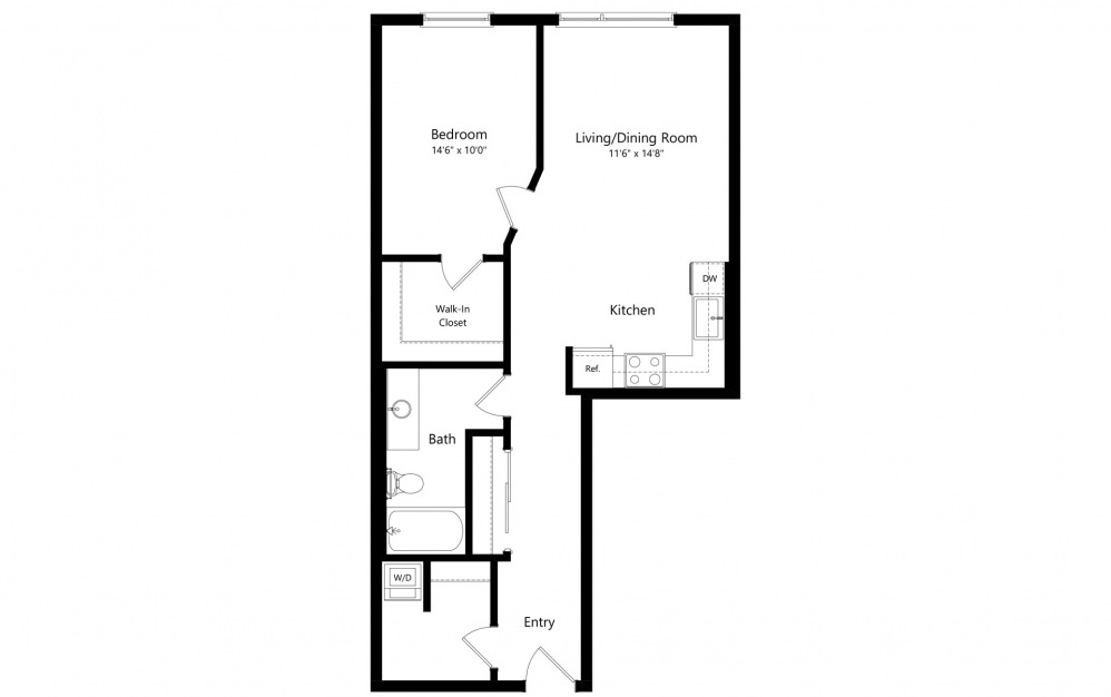1 Bedroom F - 1 bedroom floorplan layout with 1 bath and 804 square feet. (2D)