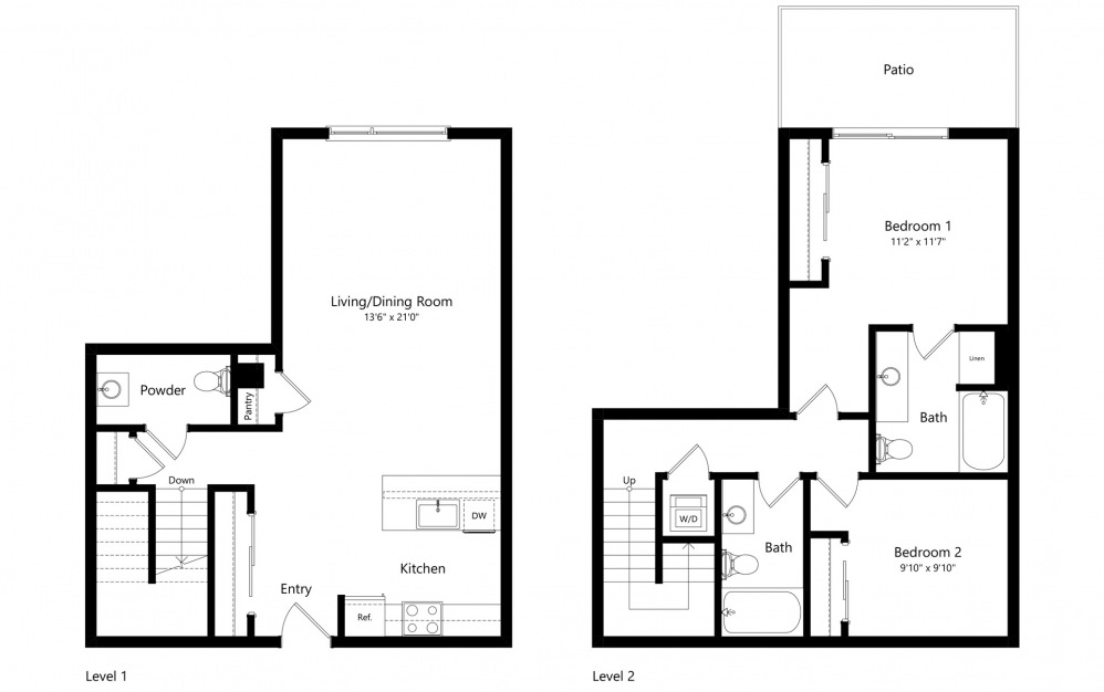 Townhome A - 2 bedroom floorplan layout with 2.5 baths and 1234 to 1239 square feet. (2D)