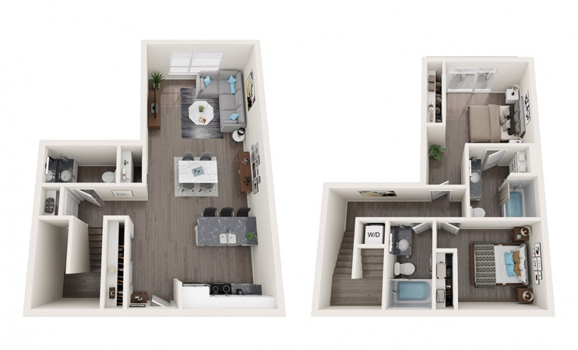 Townhome A - 2 bedroom floorplan layout with 2.5 bathrooms and 1234 - 1239 square feet