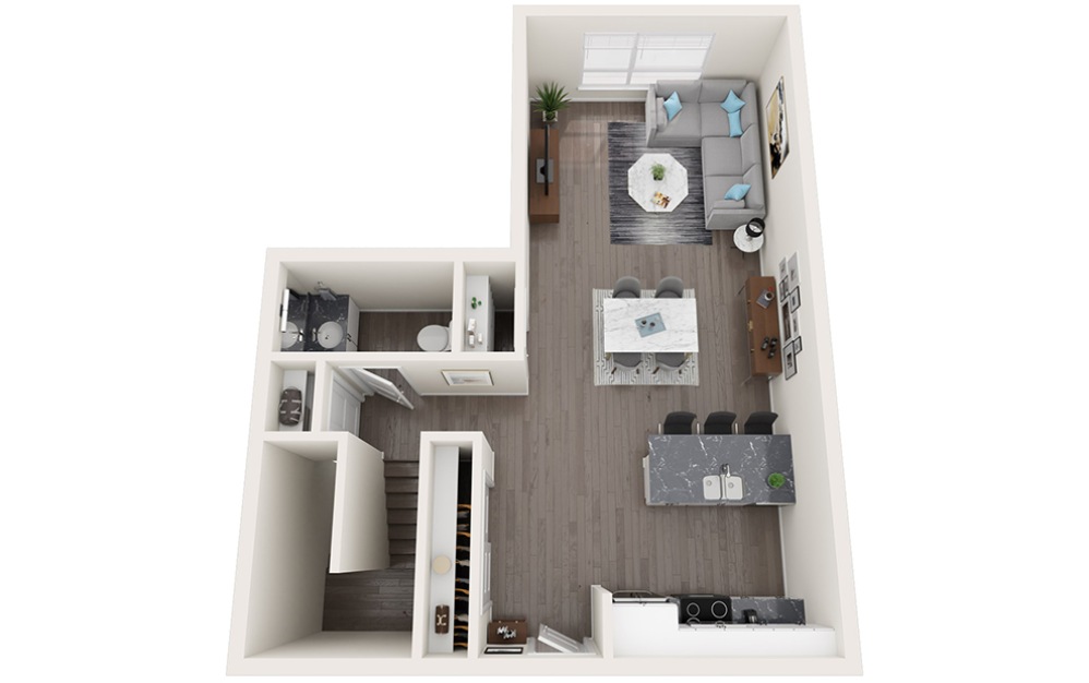 Townhome A - 2 bedroom floorplan layout with 2.5 bathrooms and 1234 - 1239 square feet (Floor 1, 3D)