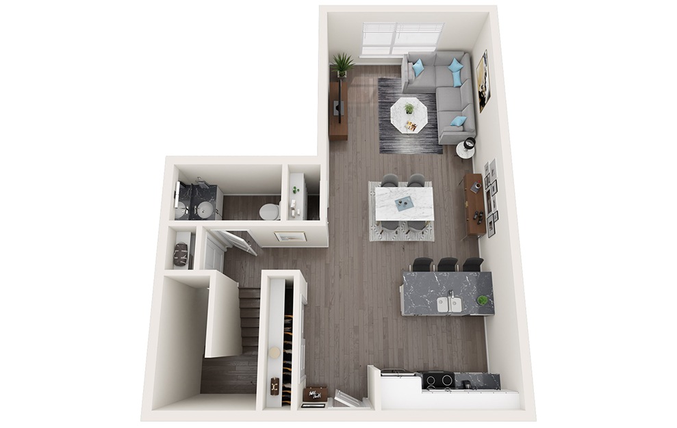 Townhome A - 2 bedroom floorplan layout with 2.5 baths and 1234 to 1239 square feet. (Floor 1 / 3D)