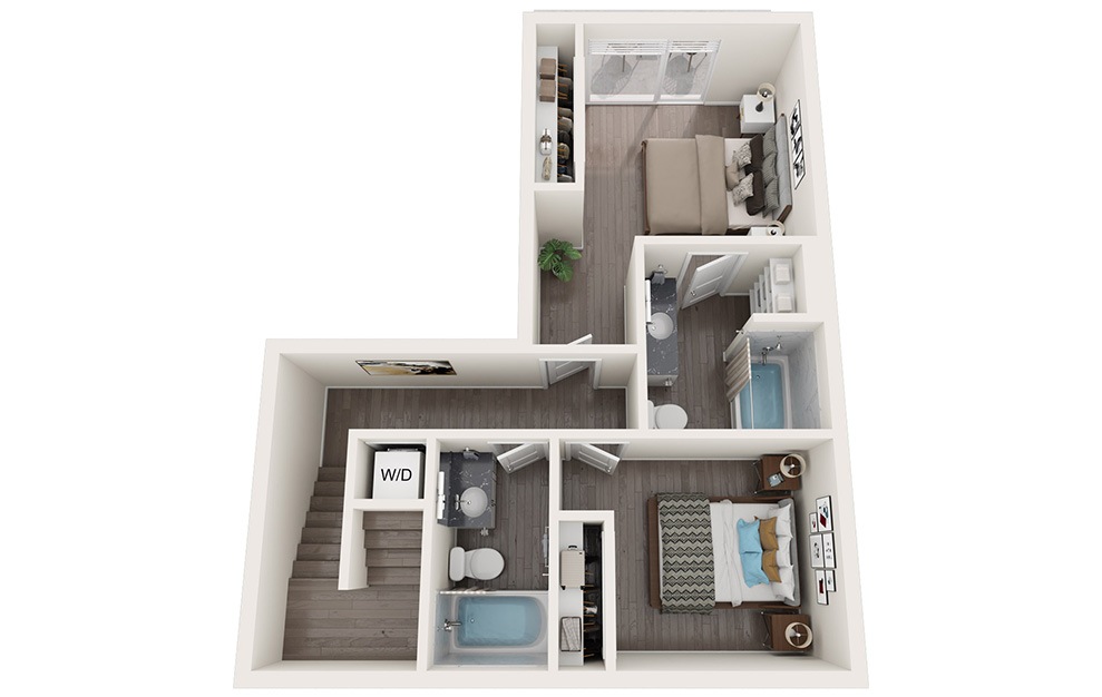 Townhome A - 2 bedroom floorplan layout with 2.5 baths and 1234 to 1239 square feet. (Floor 2 / 3D)