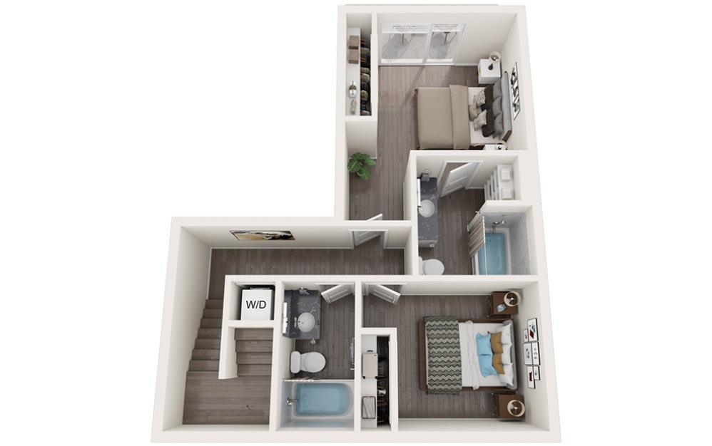 Townhome A - 2 bedroom floorplan layout with 2.5 bathrooms and 1234 - 1239 square feet (Floor 2, 3D)