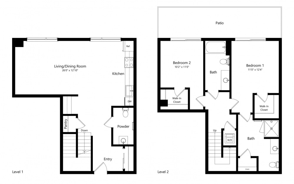 Townhome B - 2 bedroom floorplan layout with 2.5 baths and 1399 to 1407 square feet. (2D)
