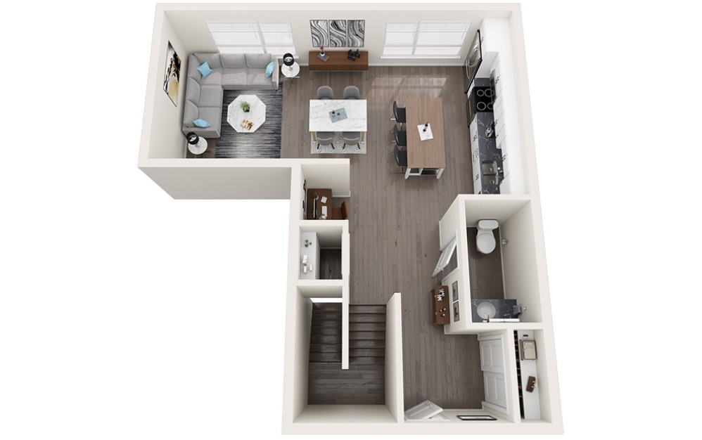 Townhome B - 2 bedroom floorplan layout with 2.5 bathrooms and 1399 - 1407 square feet (Floor 1, 3D)