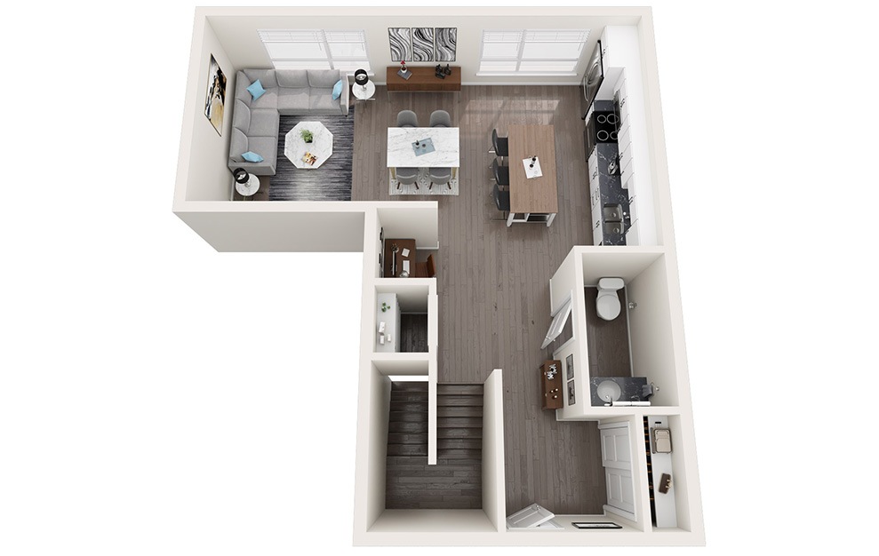Townhome B - 2 bedroom floorplan layout with 2.5 baths and 1399 to 1407 square feet. (Floor 1 / 3D)