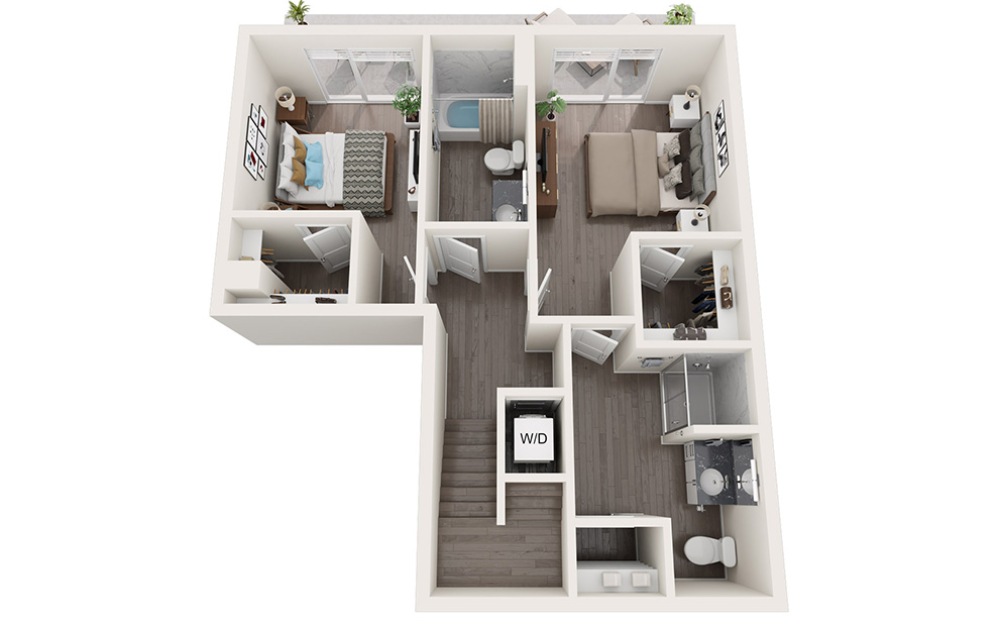 Townhome B - 2 bedroom floorplan layout with 2.5 bathrooms and 1399 - 1407 square feet (Floor 2, 3D)