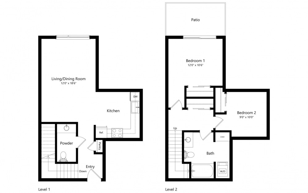 Townhome C - 2 bedroom floorplan layout with 1.5 bath and 1007 square feet. (2D)