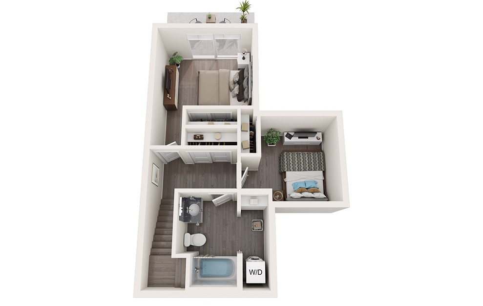 Townhome C - 2 bedroom floorplan layout with 1.5 bath and 1007 square feet. (Floor 2 / 3D)