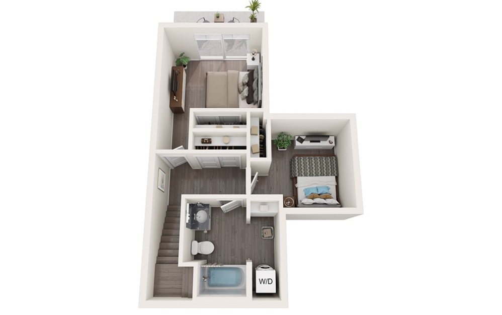 Townhome C - 2 bedroom floorplan layout with 1.5 bathroom and 1007 square feet (Floor 2, 3D)