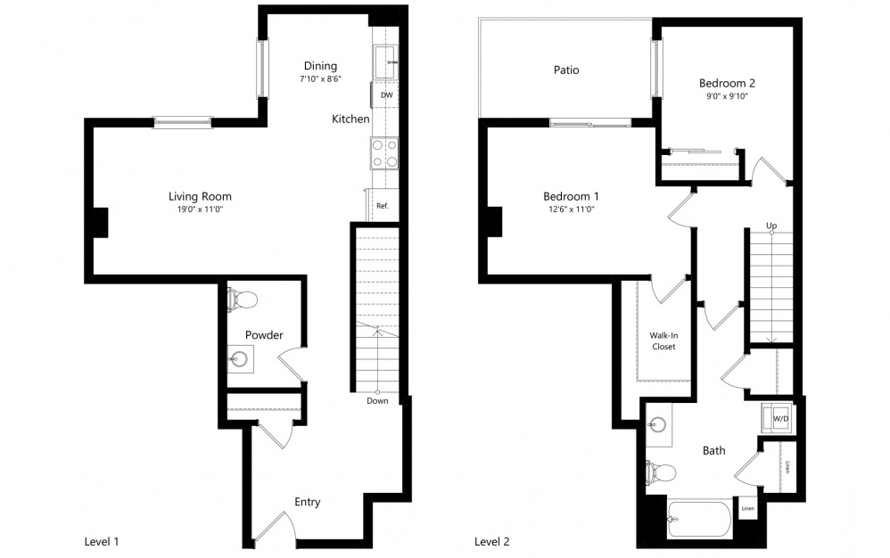 Townhome D - 2 bedroom floorplan layout with 1.5 bath and 1195 square feet. (2D)