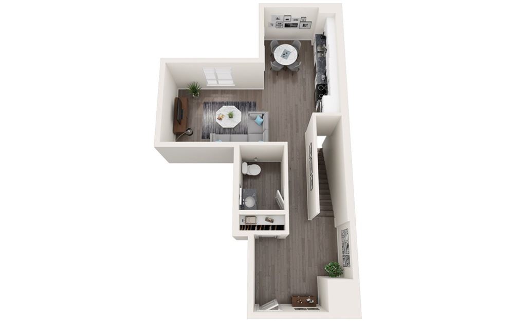 Townhome D - 2 bedroom floorplan layout with 1.5 bathroom and 1195 square feet (Floor 1, 3D)