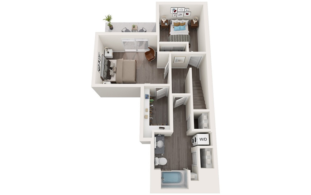 Townhome D - 2 bedroom floorplan layout with 1.5 bathroom and 1195 square feet (Floor 2, 3D)