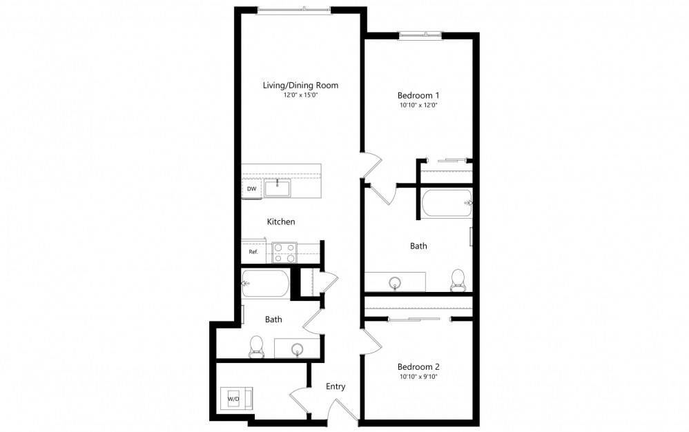 Urban 2 Bedrooms A - 2 bedroom floorplan layout with 2 baths and 1000 square feet. (2D)