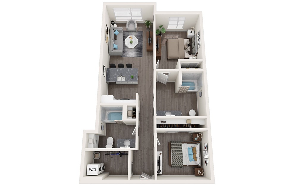 Urban 2 Bedrooms A - 2 bedroom floorplan layout with 2 baths and 1000 square feet. (3D)