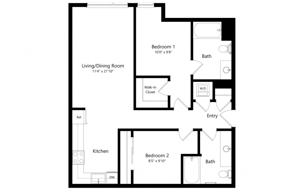 Urban 2 Bedrooms B - 2 bedroom floorplan layout with 2 baths and 918 to 976 square feet. (2D)