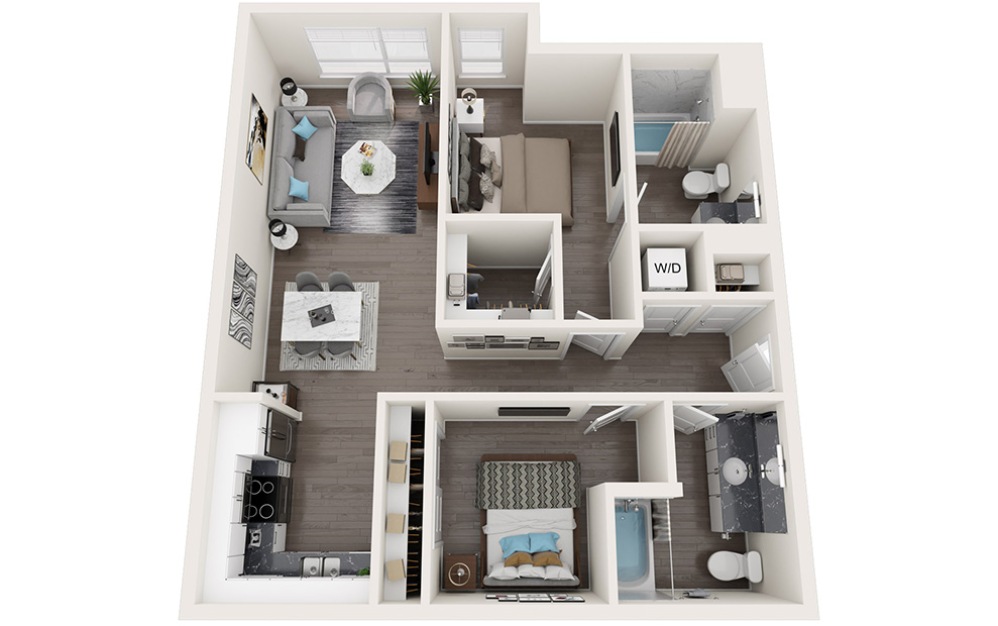 Urban 2 Bedrooms B - 2 bedroom floorplan layout with 2 bathrooms and 918 - 976 square feet (3D)