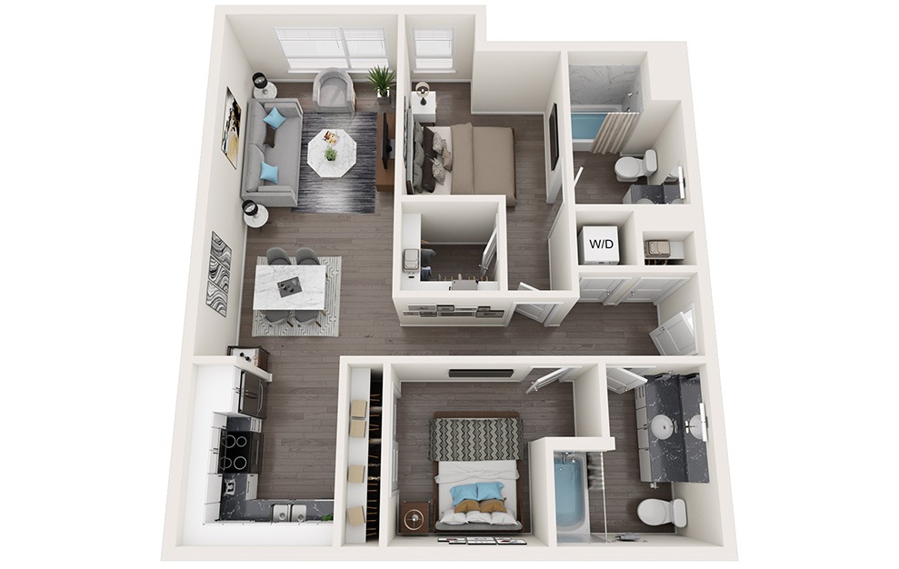 Urban 2 Bedrooms B - 2 bedroom floorplan layout with 2 baths and 918 to 976 square feet. (3D)