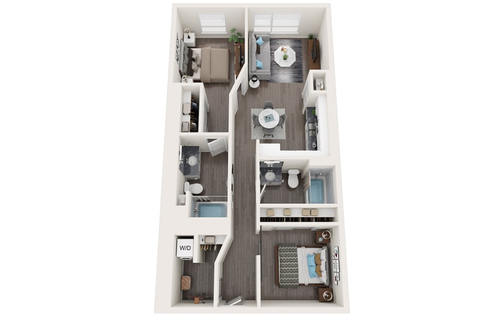 Urban 2 Bedrooms C - 2 bedroom floorplan layout with 2 bathrooms and 930 - 970 square feet (3D)