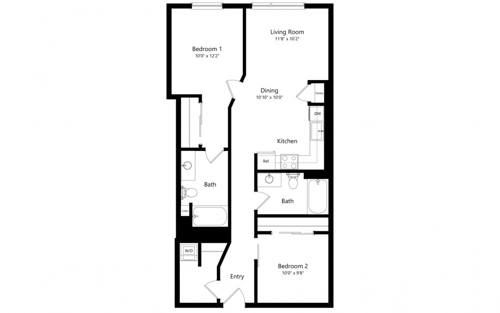 Urban 2 Bedrooms C - 2 bedroom floorplan layout with 2 baths and 930 to 970 square feet. (2D)