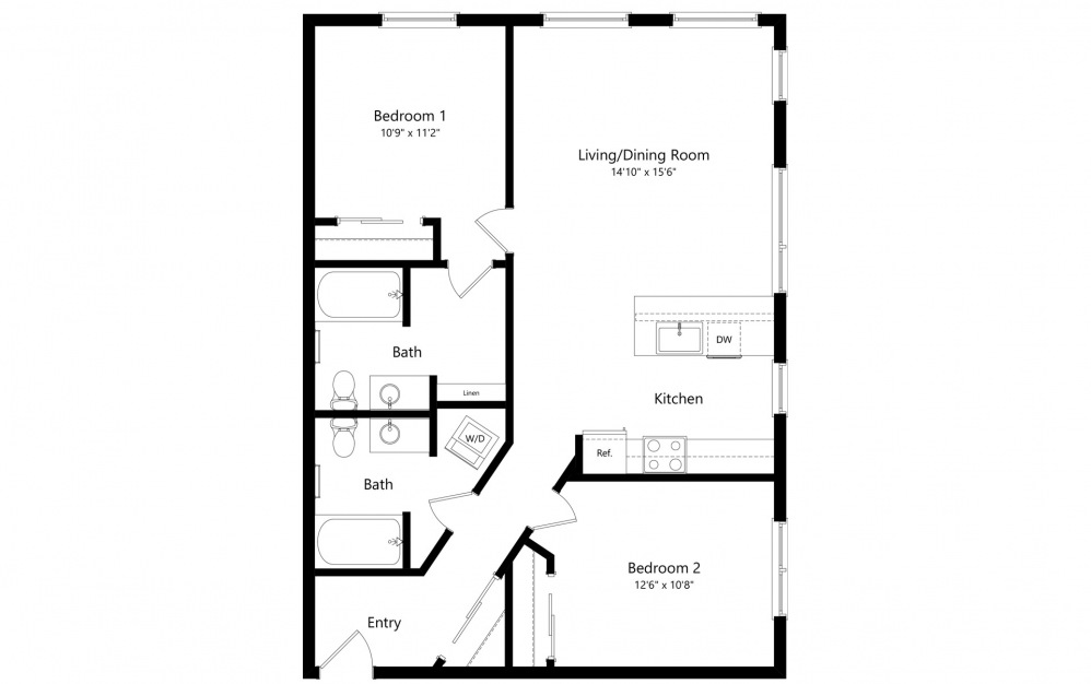 2 Bedrooms A - 2 bedroom floorplan layout with 2 baths and 1033 square feet. (2D)