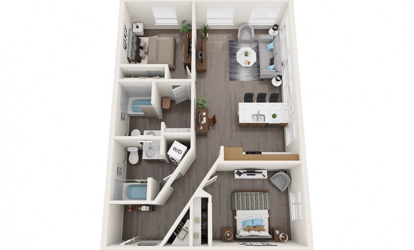 2 Bedrooms A - 2 bedroom floorplan layout with 2 bathrooms and 1033 square feet
