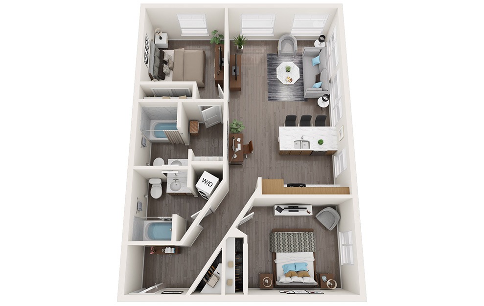 2 Bedrooms A - 2 bedroom floorplan layout with 2 baths and 1033 square feet. (3D)