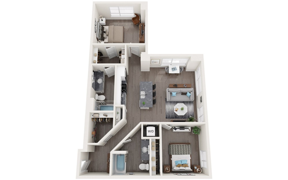 2 Bedrooms E - 2 bedroom floorplan layout with 2 bathrooms and 1168 square feet (3D)