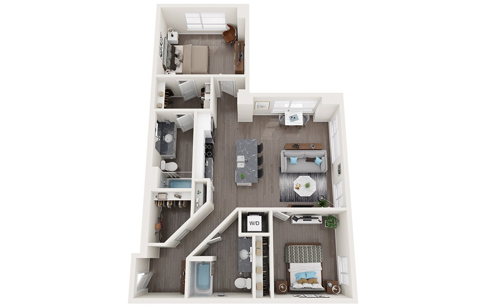 2 Bedrooms E - 2 bedroom floorplan layout with 2 baths and 1168 square feet. (3D)