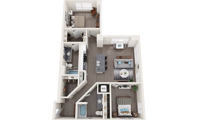 2x2 B - 2 bedroom floorplan layout with 2 bathrooms and 1052 square feet