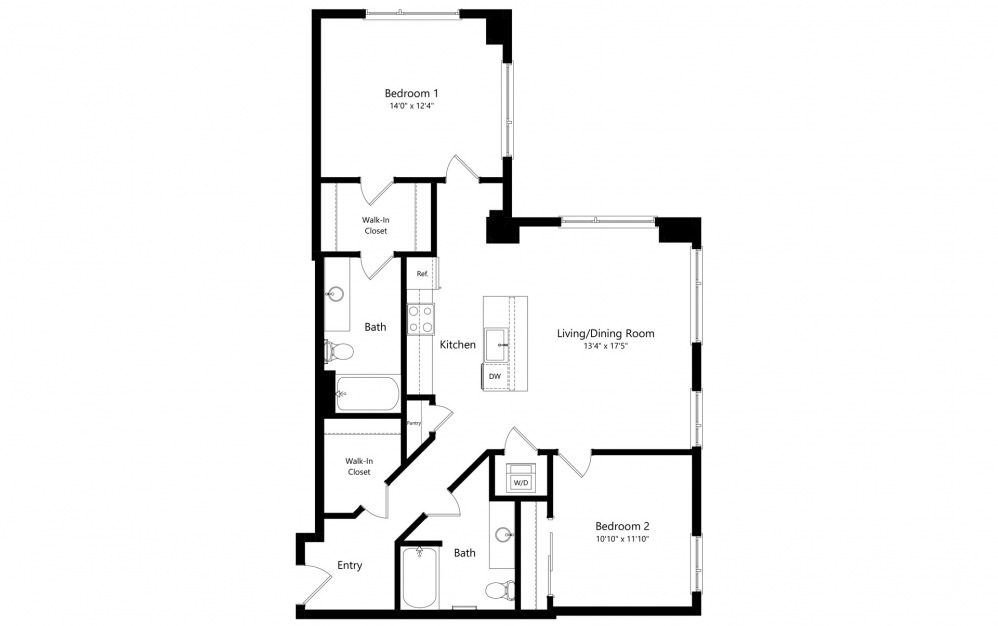 2 Bedrooms E - 2 bedroom floorplan layout with 2 baths and 1168 square feet. (2D)