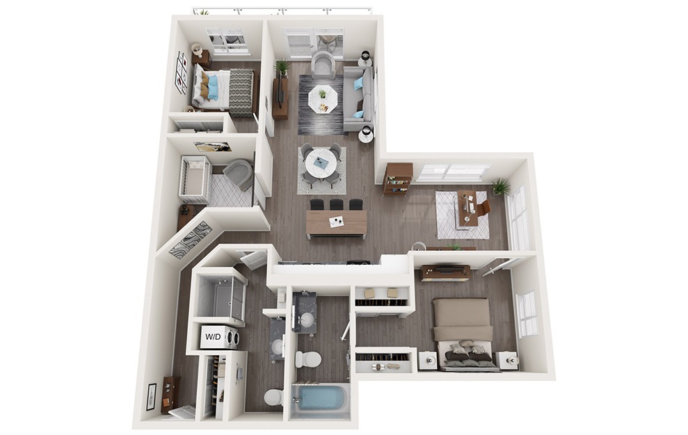 2 Bedrooms + Den - 2 bedroom floorplan layout with 2 baths and 1253 square feet. (3D)