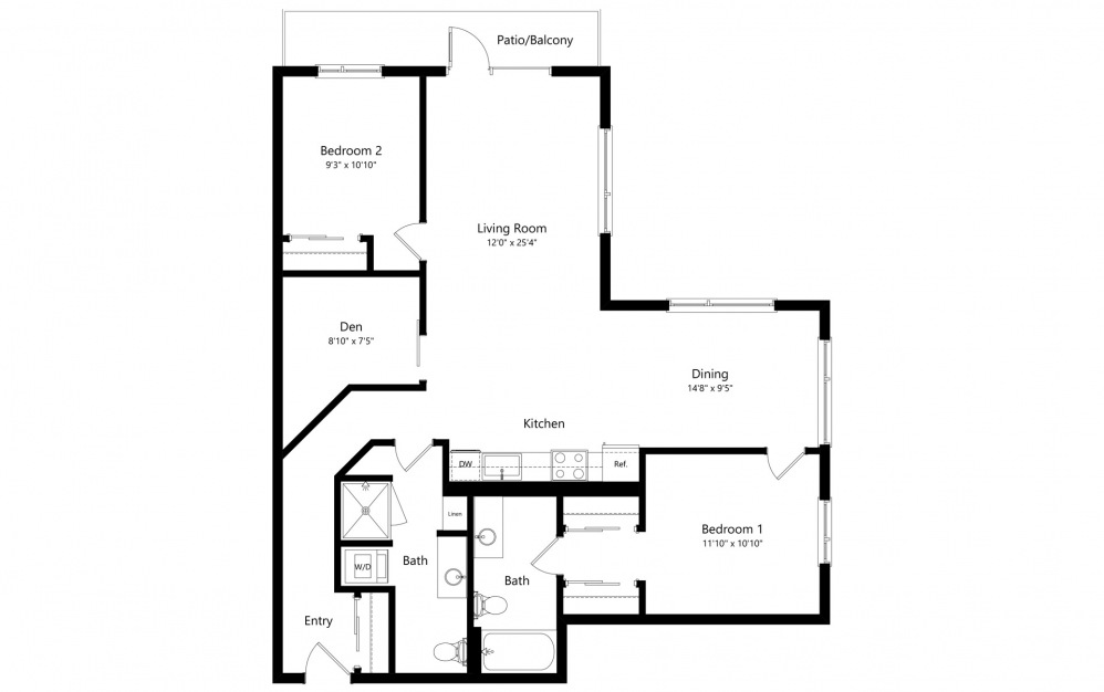 2 Bedrooms + Den - 2 bedroom floorplan layout with 2 baths and 1253 square feet. (2D)