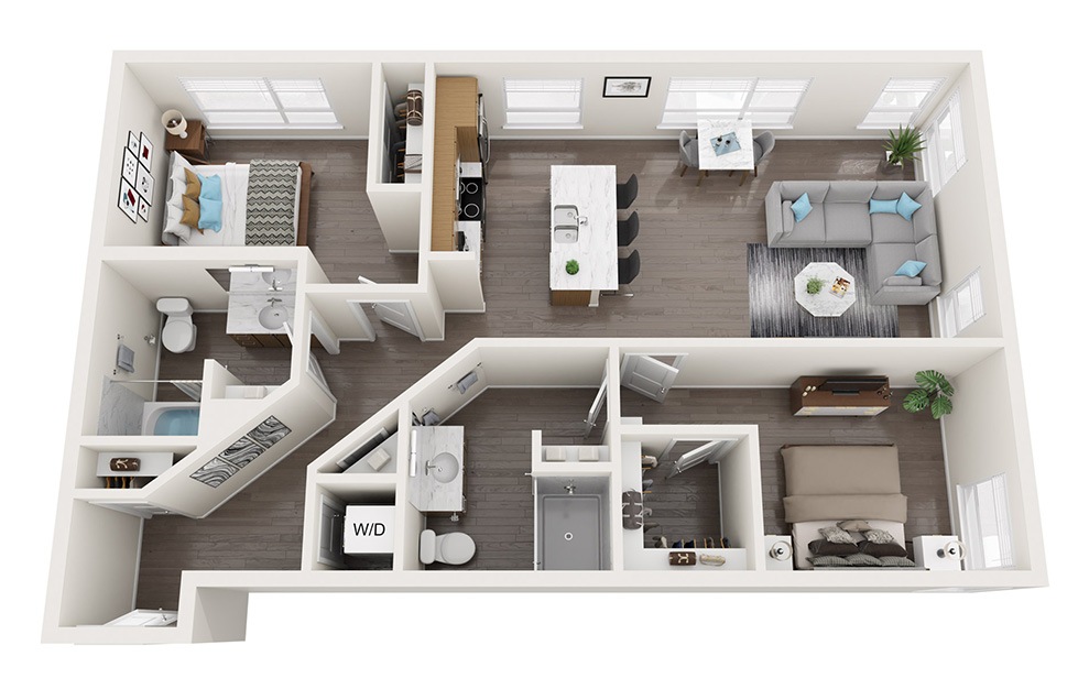 2 Bedrooms F - 2 bedroom floorplan layout with 2 baths and 1071 square feet. (3D)